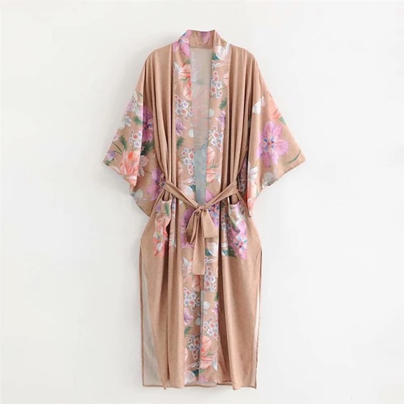 SOLD OUT Gypsy Bohemian Tan Floral Peacock Open Kimono Robe - Picture 6 of 12